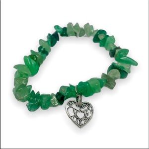 New Handmade Sterling Silver Hollowed Out Heart Green Fluorite Stretchy Bracelet